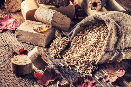 Wooden pressed pellets and briquettes from biomass.