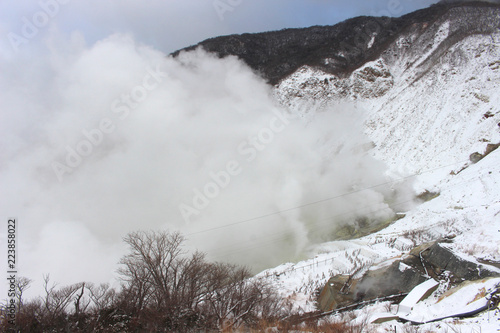 Kanagawa Prefecture, Japan - January 30, 2018 : Owakudani, a volcanic valley in the winter