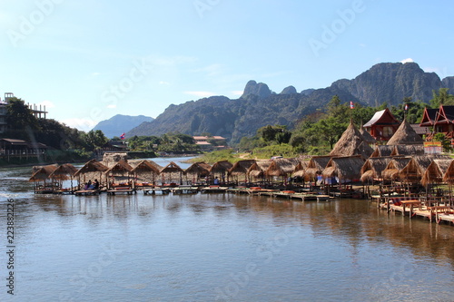 Vang Vieng, Laos - January 1, 2016 : Song River, Popular with tourists who come to Vang Vieng