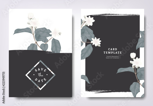 Botanical wedding invitation card template design, white jasmine flowers and leaves with black grunge frame, minimalist vintage style