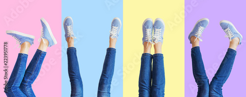 Collage of female legs in jeans and sneakers in the different poses on colored background, panorama