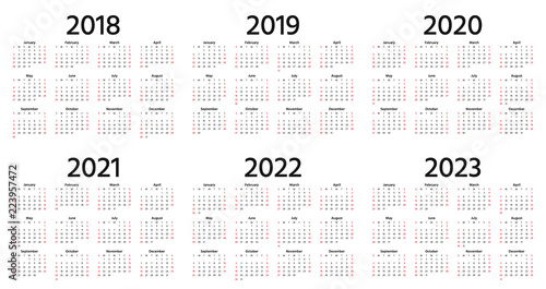 Calendar 2018, 2019, 2020, 2021, 2022, 2023 year. Vector. Week starts Sunday. Stationery 2019 vertical template in simple minimal design. Yearly calendar organizer for weeks. Portrait orientation.