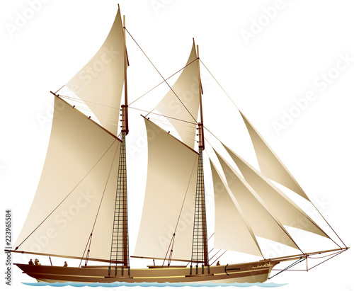 Schooner sailing vessel, a traditional gaff-rigged schooner with two mast and fore-and-aft rigged gaff sails realistic vector illustration 