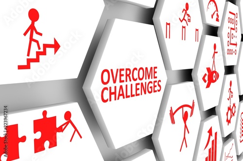 OVERCOME CHALLENGES concept cell background 3d illustration