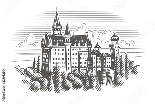 Neuschwanstein castle engraving style illustration. Vector. Layered. 