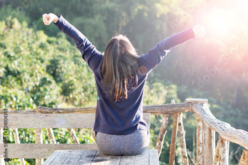 Country home with wellbeing relaxed nice hair woman feeling good during vacation in natural resort interior. Happiness Happens Day