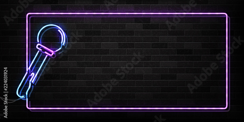 Vector realistic isolated neon sign of microphone frame logo for decoration and covering on the wall background. Concept of night club, live music and karaoke bar.