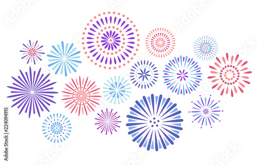 Festive fireworks. Celebration party firework, festival firecracker and colorful sky fire explosion stars isolated vector background