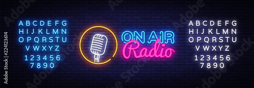 On Air Radio Neon Logo Vector. On Air Radio neon sign, design template, modern trend design, night neon signboard, night bright advertising, light banner, light art. Vector. Editing text neon sign