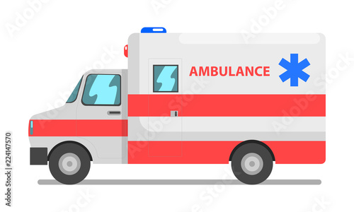 Emergency car, red and white ambulance medical service vehicle vector Illustration on a white background