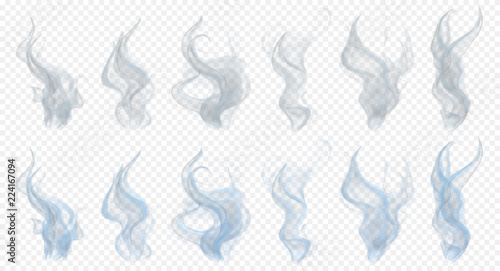 Set of realistic translucent smoke or steam in gray and light blue colors, isolated on transparent background. Transparency only in vector format