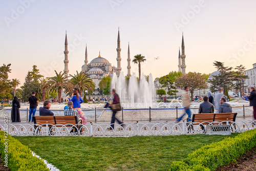 Fountain and The Sultan Ahmed Mosque in Istanbul during sunset