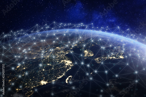 Asian telecommunication network connected over Asia, China, Japan, Korea, Hong Kong, concept about internet and global communication technology for finance, blockchain or IoT, elements from NASA