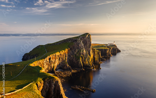 The cliffs and lighthouse at Neist Point on the Isle of Skye at sunset, Scotland