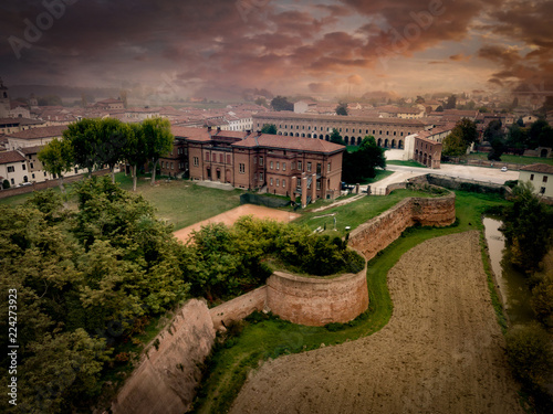Aerial view of the perfect planned renaissance city of Sabbioneta in Italy with dramatic sky