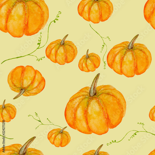 Watercolor hand painting pumpkin seamless pattern on beige color background