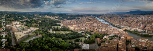 Firenze (Florence) aerial panorama view with the Ponte Vecchio over the Arno river