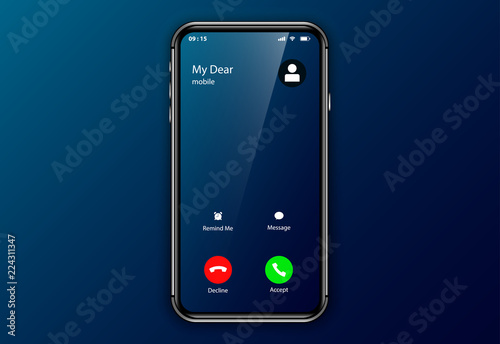 iphone incoming call screen user interface. elegant mockup ui ux smartphone template. realistic phone frame design