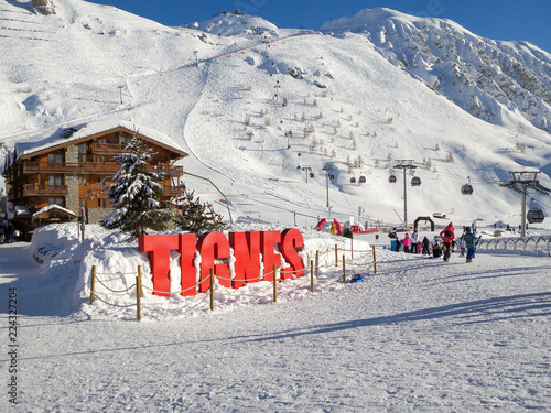 French ski resort station of Tignes in winter, letters Tignes with snow, The Alps, France
