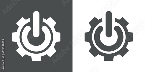 Icono plano engranaje con símbolo start en gris y blanco