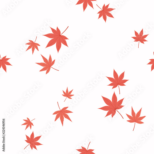 Seamless repeat pattern with falling Japanese maple leaves, on a white background. Hand drawn vector illustration. Flat style design. Concept for autumn textile print, wallpaper, wrapping paper.