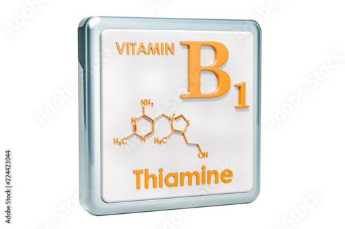 Vitamin B1, thiamine. Icon, chemical formula, molecular structure on white background. 3D rendering