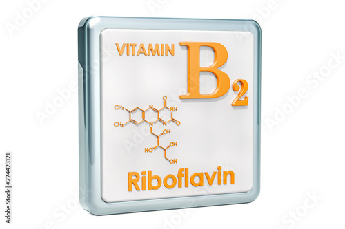 Vitamin B2, riboflavin. Icon, chemical formula, molecular structure on white background. 3D rendering