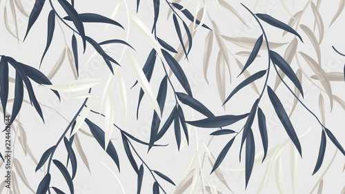 Floral seamless pattern, multicolored Weeping Willow leaves on light grey background