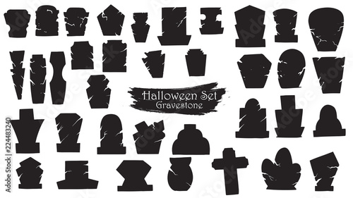 Spooky gravestone cemetery silhouette collection of Halloween vector isolated on white background. scary and creepy tombstone element