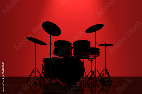 Professional Rock Drum Kit with Red Backlight in front of Wall. 3d Rendering