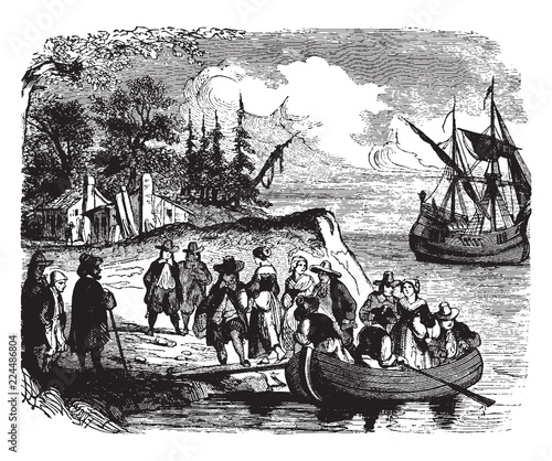 Landing of the Dutch settlers on Manhattan Island,vintage illustration.