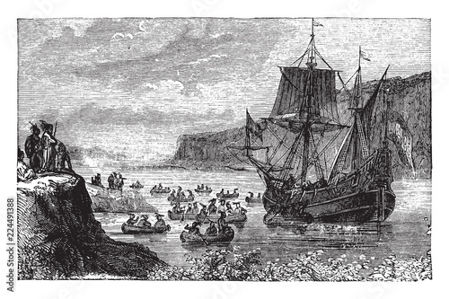 The Half Moon in the Hudson,vintage illustration.