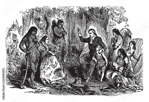 John Eliot Preaching to the Indians, vintage illustration