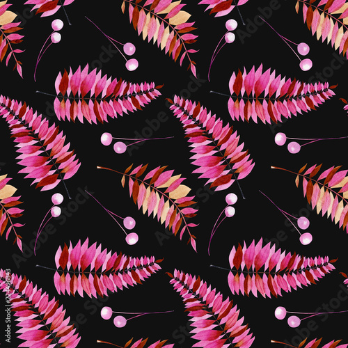 Seamless pattern with watercolor purple and pink fern branches, hand painted on a dark background