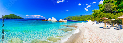 Best beaches of Skopelos island - relaxing Milia beach. Sporades, Greece