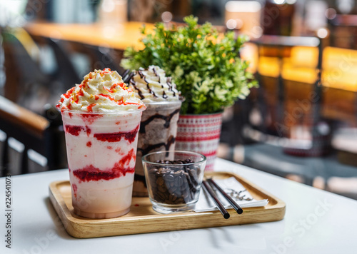 strawberry and chocolate frappe with whipped cream