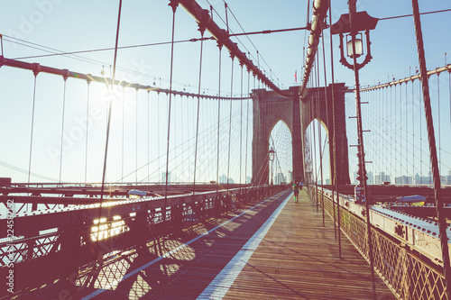 Vintage Color View of Brooklyn Bridge with Detail of Girders and Support Cables, Manhattan City Skyline at Sunrise, New York City, New York, USA