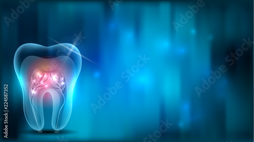Beautiful transparent tooth with roots illustration, abstract blue artistic background