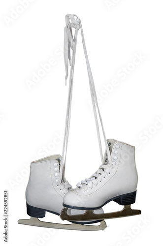 Old white skates for figure skating with. The selected path. Isolated on white background.