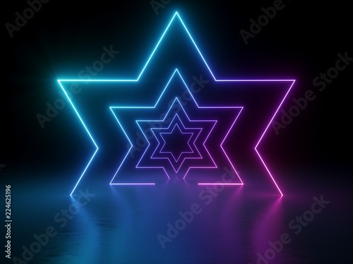 3d render, ultraviolet neon star shape, glowing lines, portal, tunnel, virtual reality, abstract fashion background, violet neon lights, arch, pink blue spectrum vibrant colors, laser show