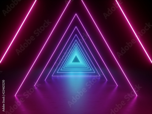 3d render, ultraviolet neon triangular portal, glowing lines, tunnel, corridor, virtual reality, abstract fashion background, violet neon lights, arch, pink blue triangle, spectrum, laser show
