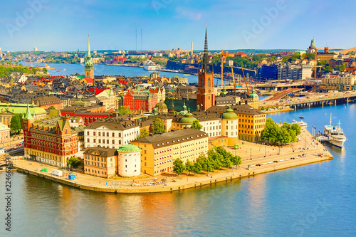 Gamla Stan, the old part of Stockholm in a sunny summer day, Sweden. Aerial view from Stockholm City hall Stadshuset.