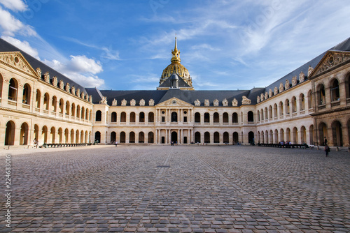 Paris, France - August 13, 2017. Court of honor in Palace Les Invalides, or National Residence of the Invalids courtyard. Complex of museums and monuments relating to military history of France.