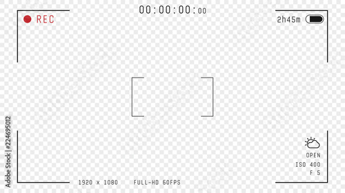 Video camera viewfinder overlay. 16:9 full hd format of frame with 60 fps template. Camera frame vector template. Black lines and text, rec icon with information and timing on transparent background. 