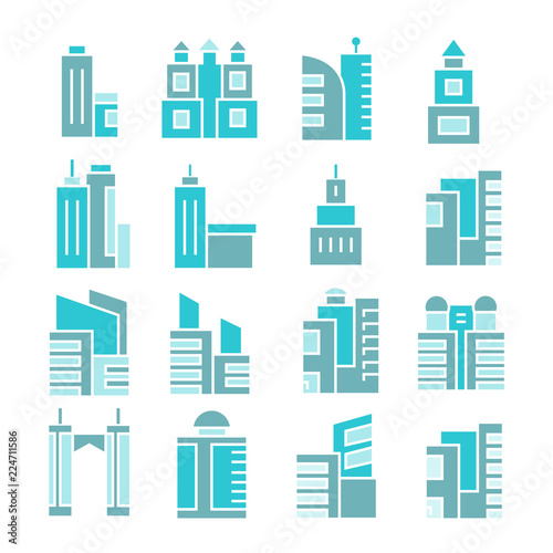 building and tower icons, blue color theme