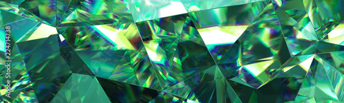 3d render, abstract green crystal background, faceted texture, emerald gem macro, panorama, wide panoramic polygonal wallpaper