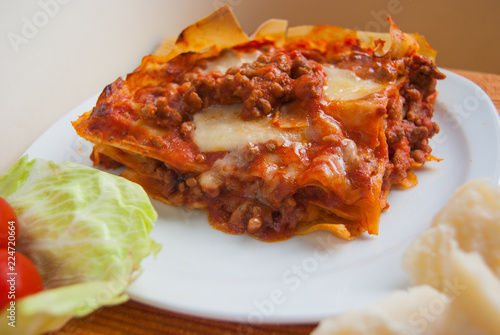 Lasagne with layers of minced meat and Parmesan cheese