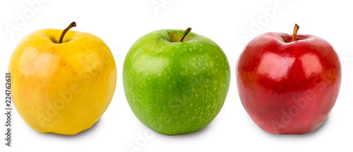 Three apples green, yellow and red on a white, isolated.