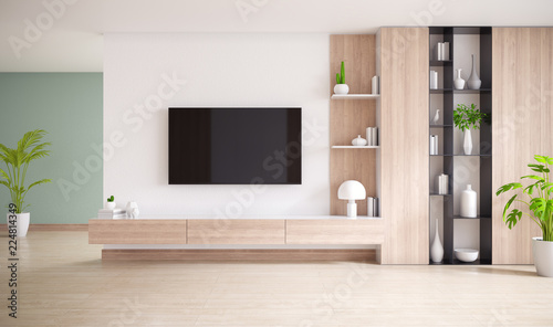  TV cabinet and display with on wood flooring and white wall, minimalist and vintage interior of living room, ,3d rendering