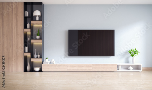  TV cabinet and display with on wood flooring and light gray wall, minimalist and vintage interior of living room, ,3d rendering